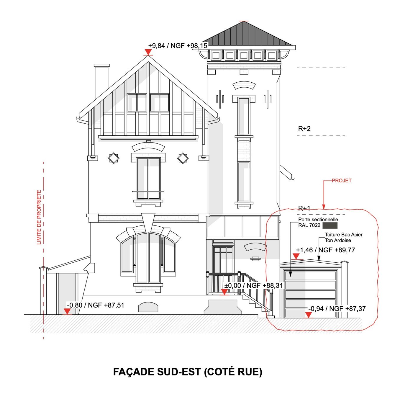 Façade sur rue avec cotes NGF et projet de garage repéré