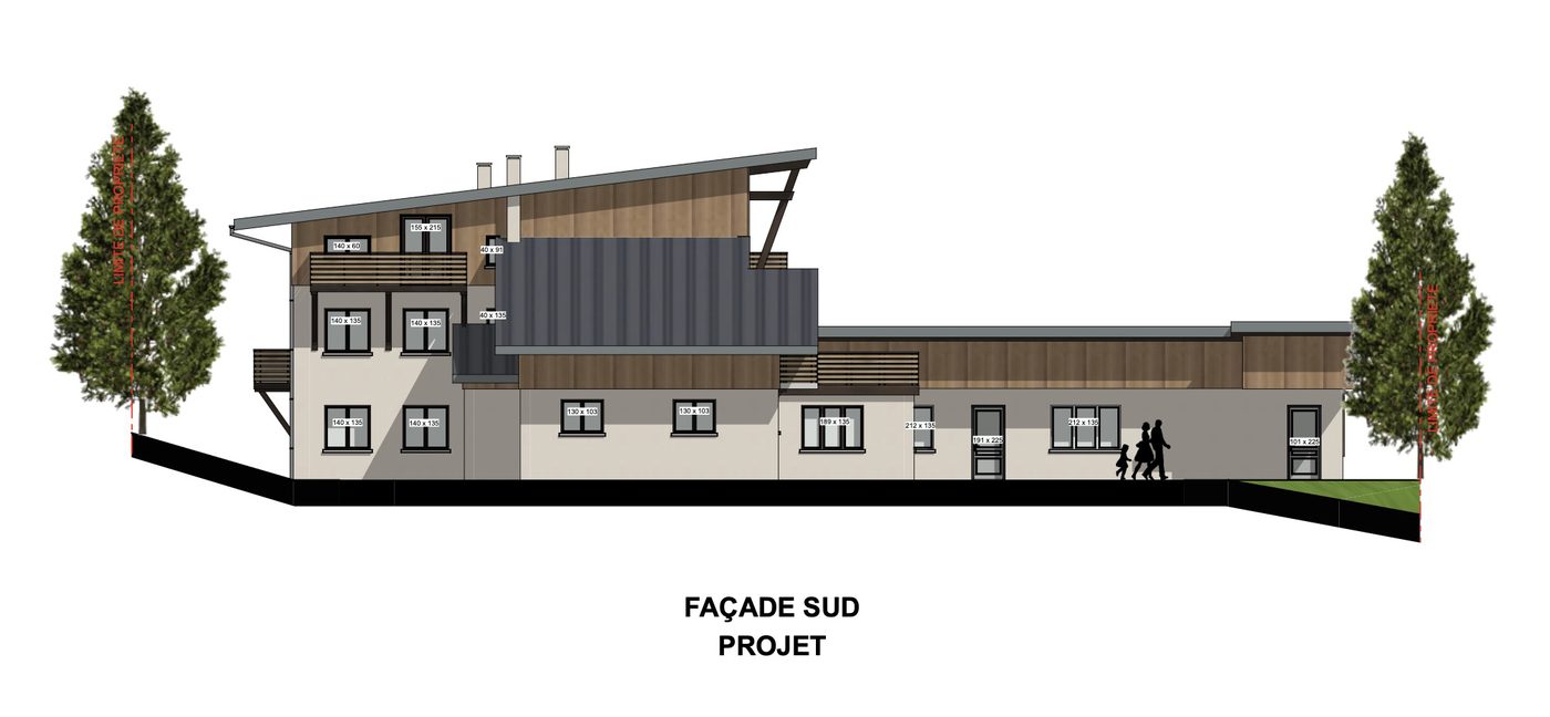 Façade projet colorisée d’un bâtiment bois et enduit