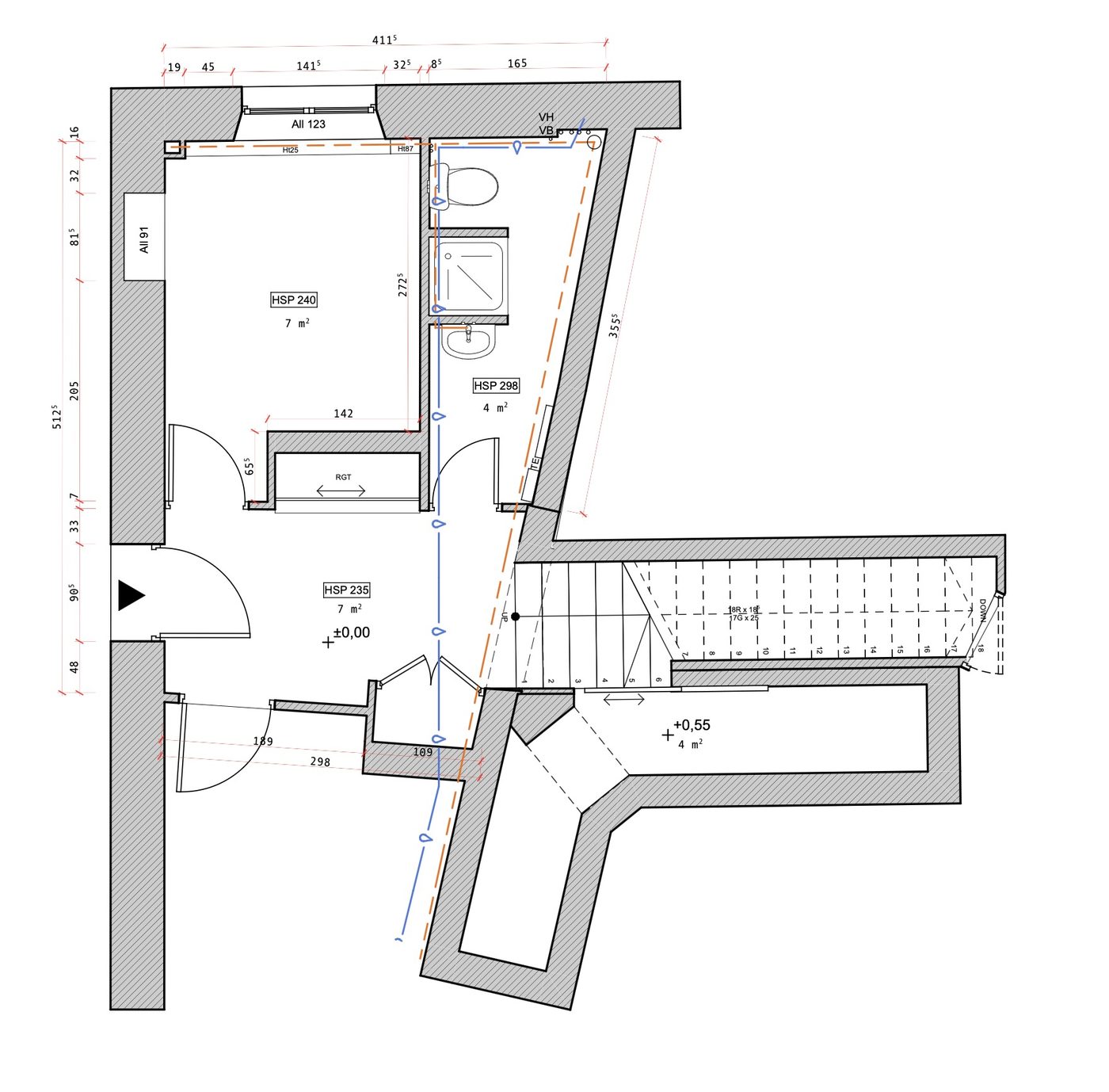 Plan de l’existant coté, avec hauteurs sous plafond et réseaux
