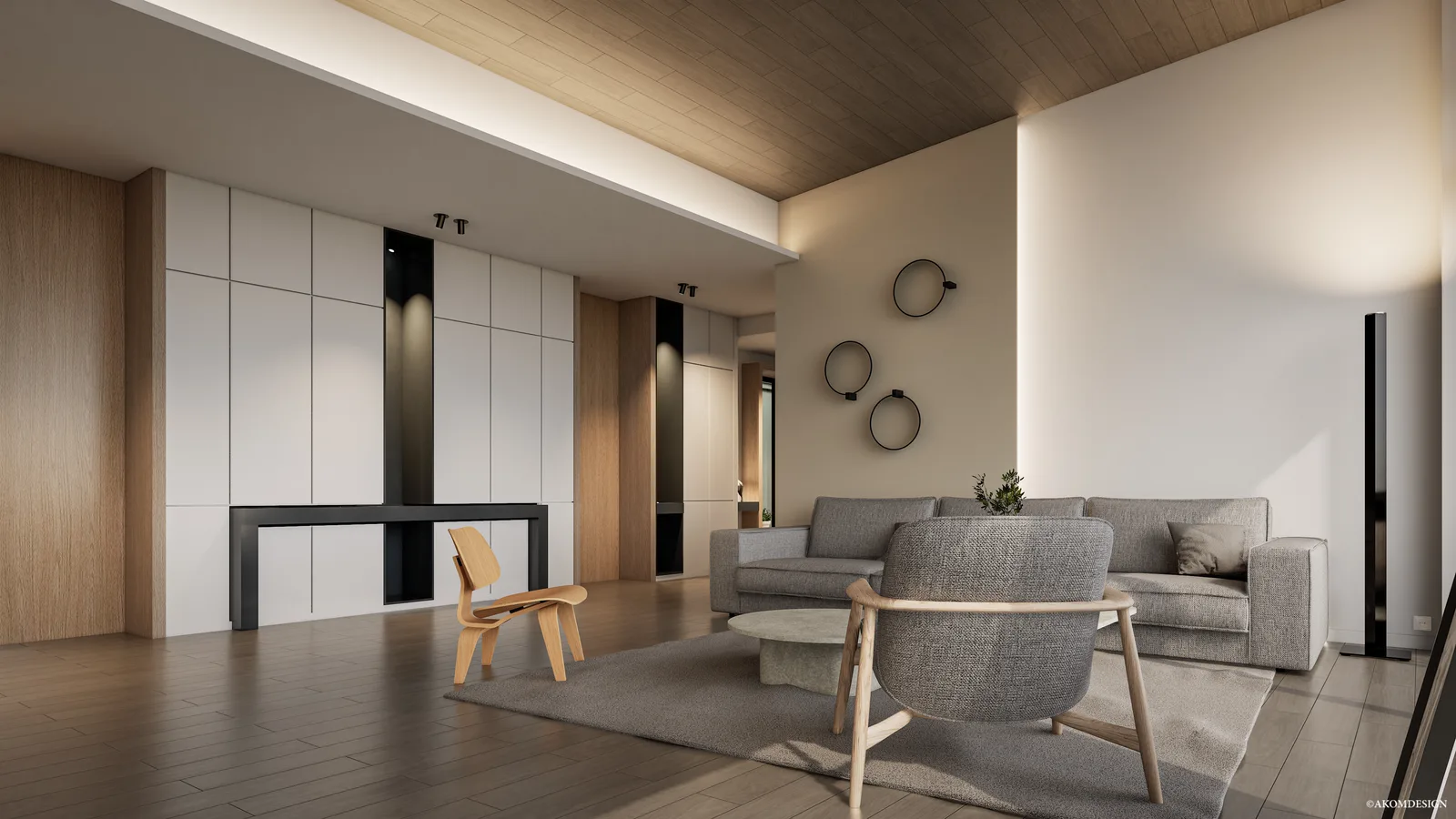Une maison entre bois et sauge — Séjour et rangements · Vue 2
