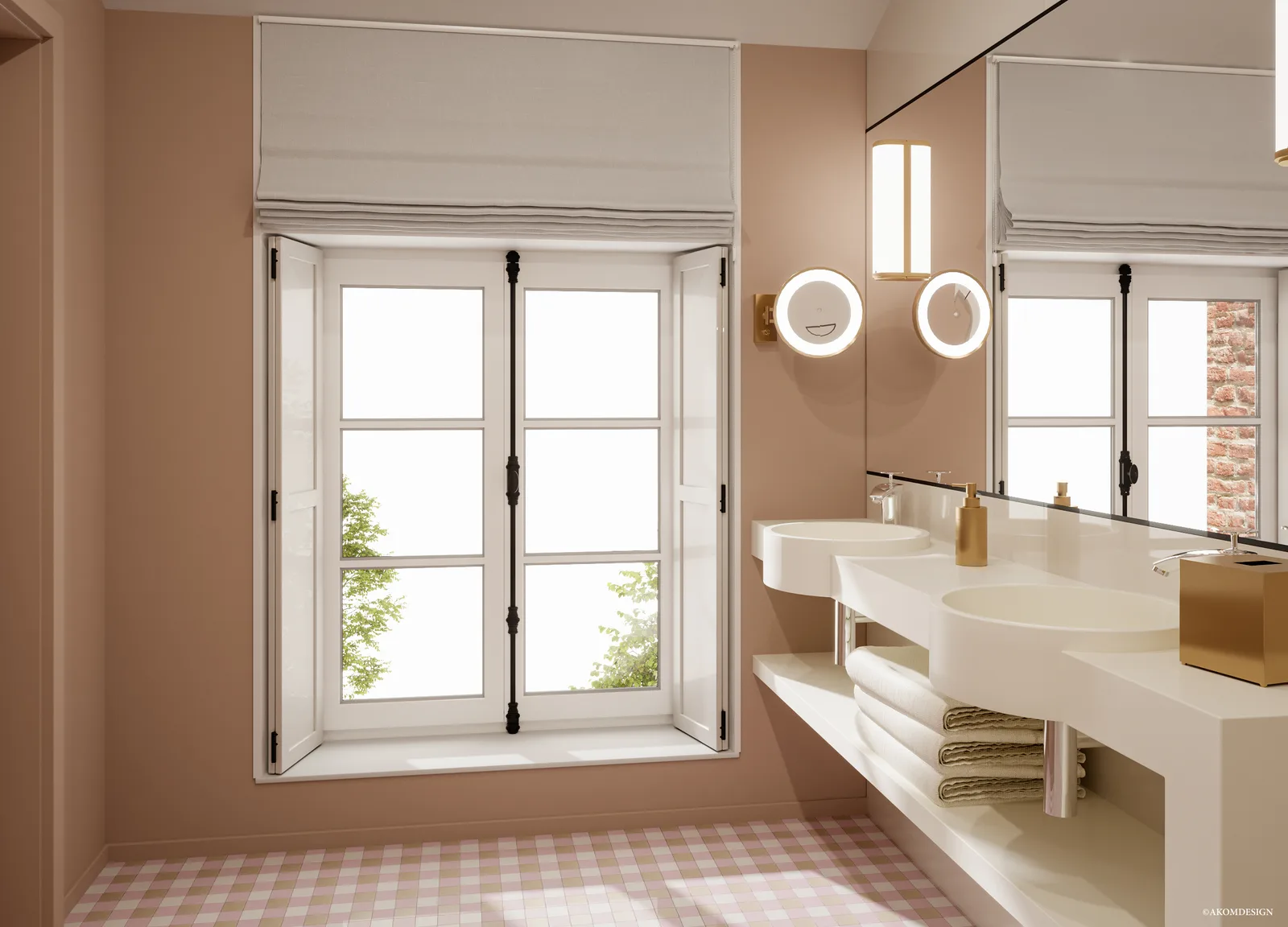 Une salle de bains par chambre — Rose poudré et laiton · Vue 2