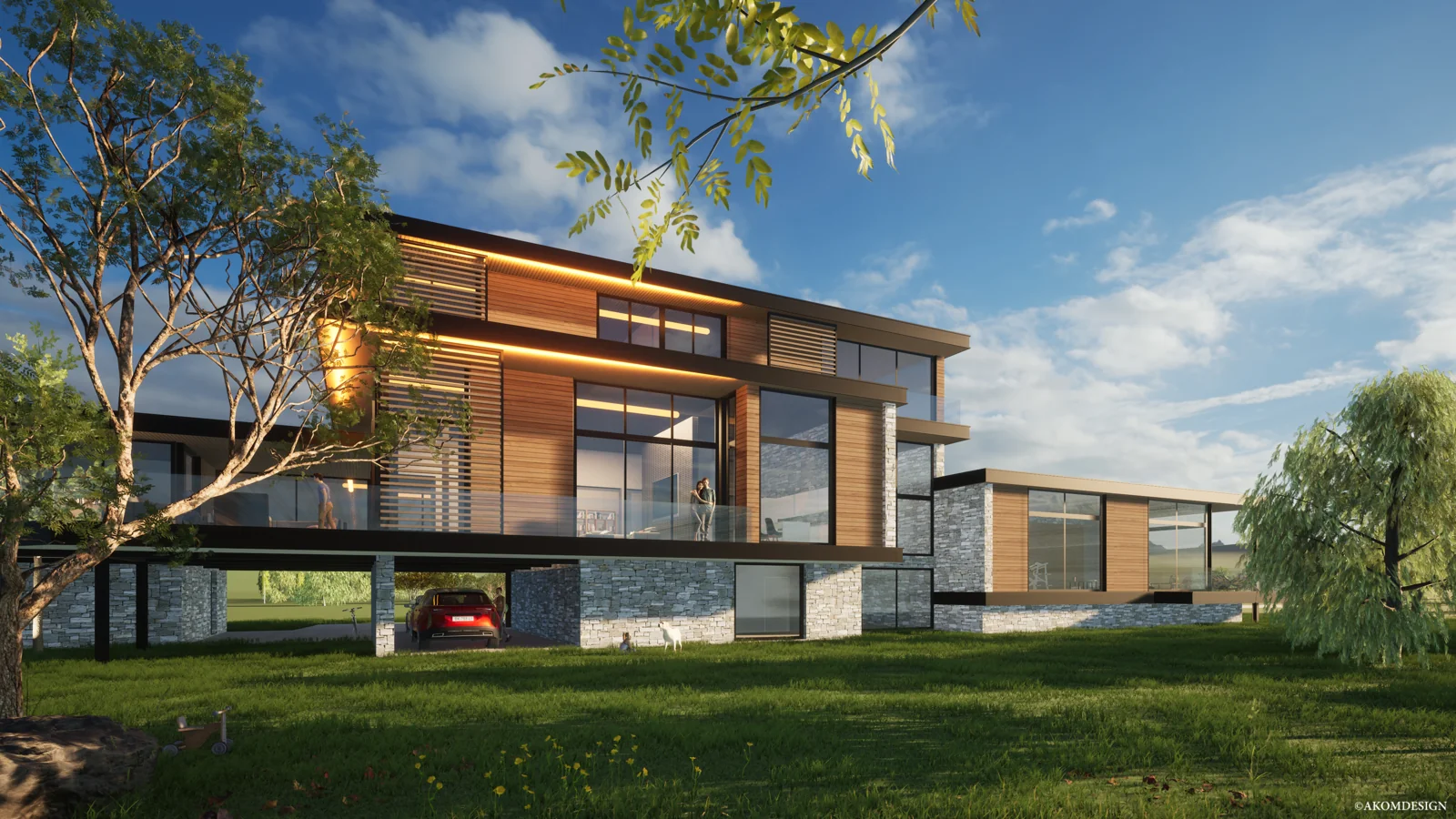 Perspective 3D d’une maison contemporaine ouverte sur son jardin