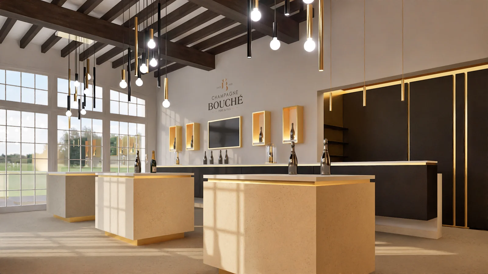 Recevoir sous la charpente — rendu 3D Akom Design
