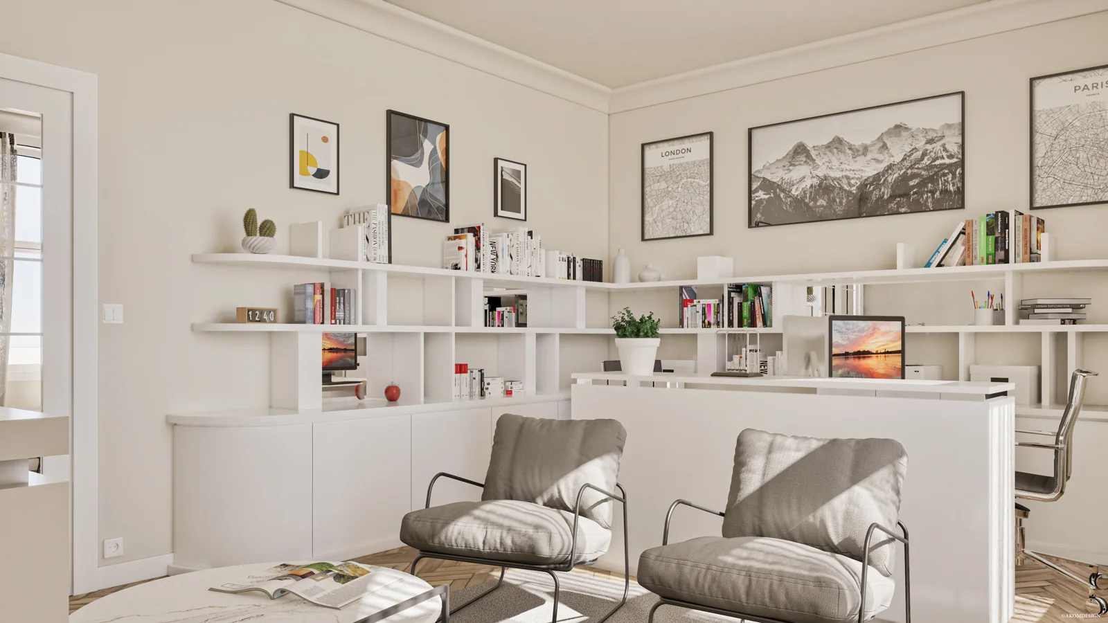Un salon autour des livres — rendu 3D Akom Design